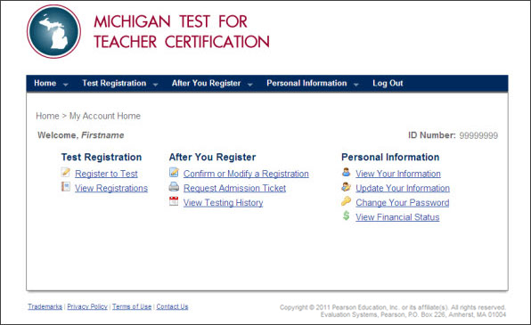 Screenshot of My Account home page demonstrating available options.